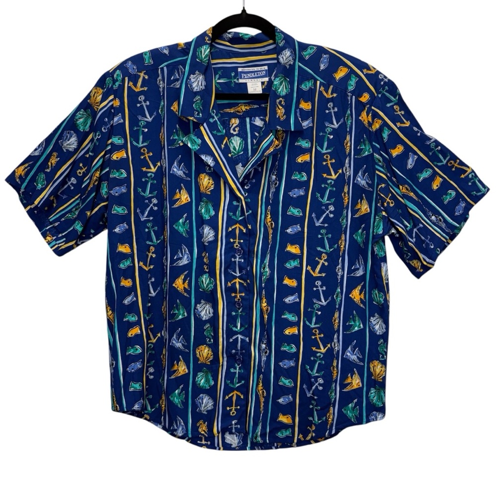 Pendleton Vintage Nautical Themed Print Short Sleeve Button Down Top Size 12